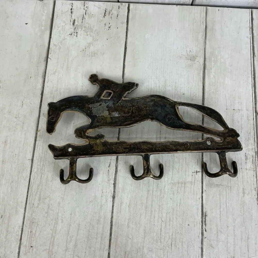 Vintage Brass Horse Rider Wall Hanger Key 6 Hooks